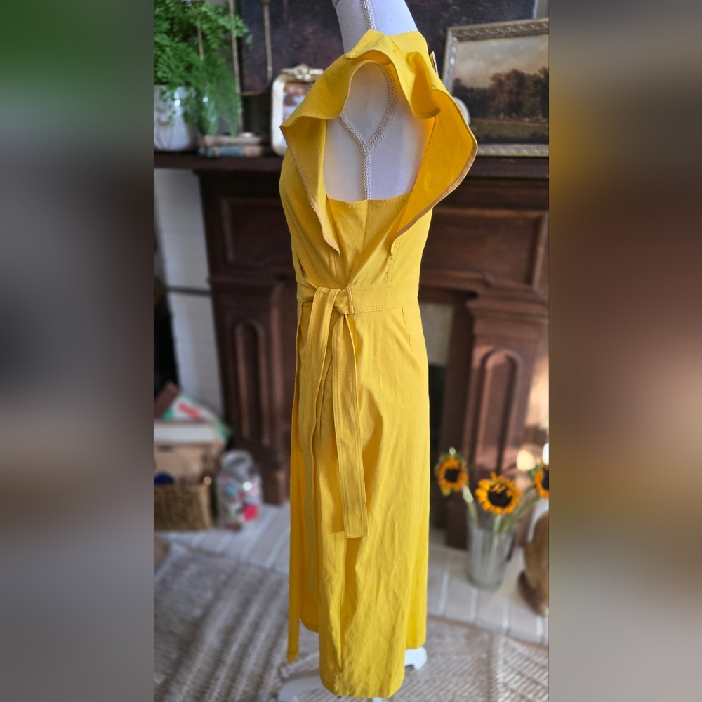 💛 A.L.C. Yellow Mustard Walker Ruffle Shoulder Belted Tie Waist Wrapped Dress 6 - Picture 5 of 12